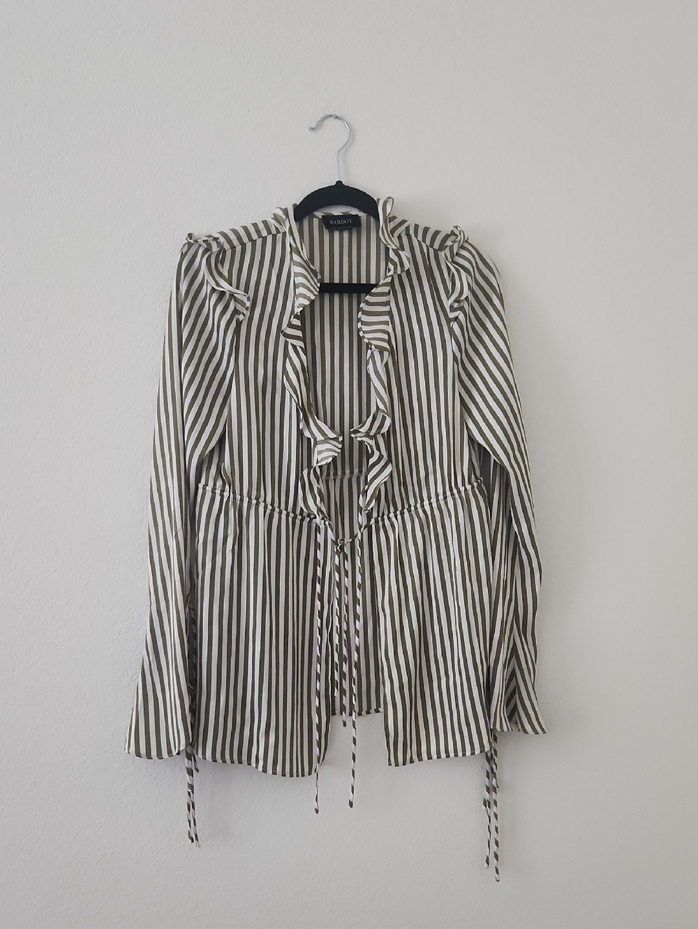 Bardot Olive Green and White Vertical Stripe Blouse